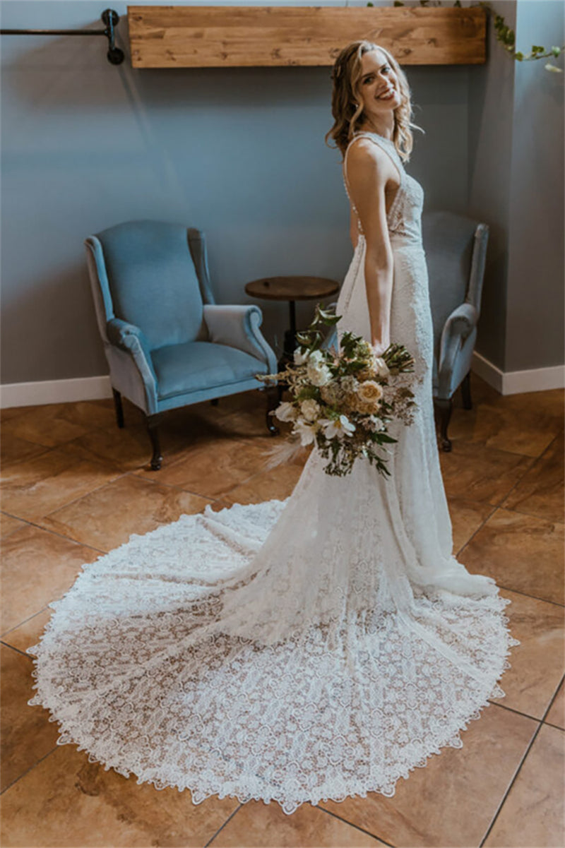 Halter Illusion Back Boho Bridal Gowns With Detachable Sleeves TANYA BRIDAL Halter Illusion Back Boho Bridal Gowns With Detachable Sleeves TANYA BRIDAL