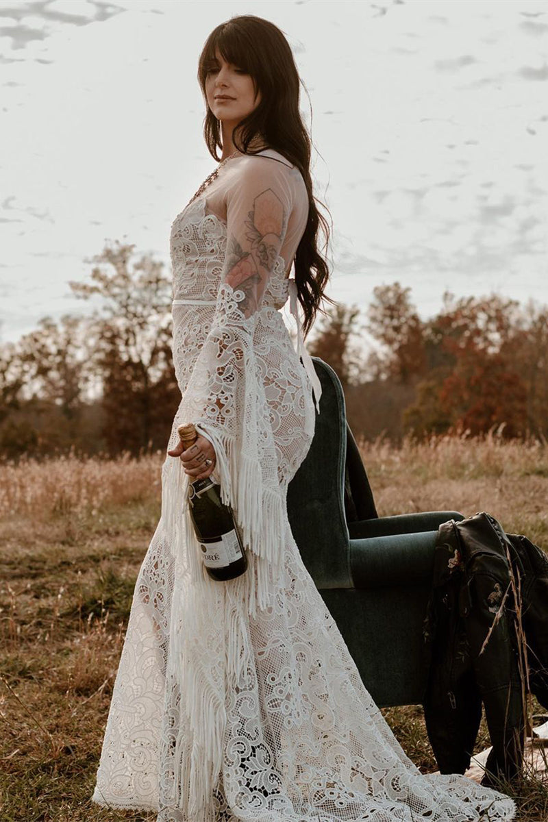 lace batwing wedding dress Bohemian Lace Wedding Dress with Butterfly Sleeves and Slit w0162 Ivory / 26W
