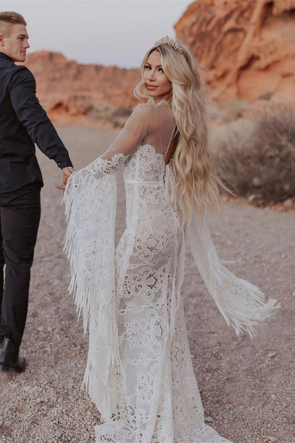 Mermaid Cutout Lace Boho Bridal Gowns Long Batwing Sleeves TANYA BRIDAL Mermaid Cutout Lace Boho Bridal Gowns Long Batwing Sleeves TANYA BRIDAL