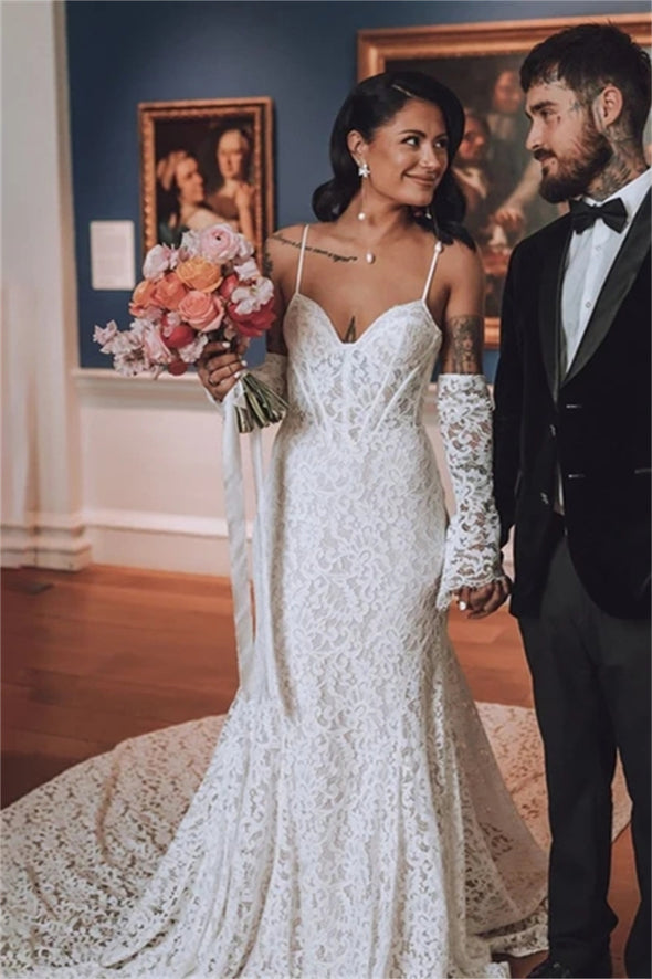 Spaghetti Straps Boho Mermaid Boning Wedding Dress