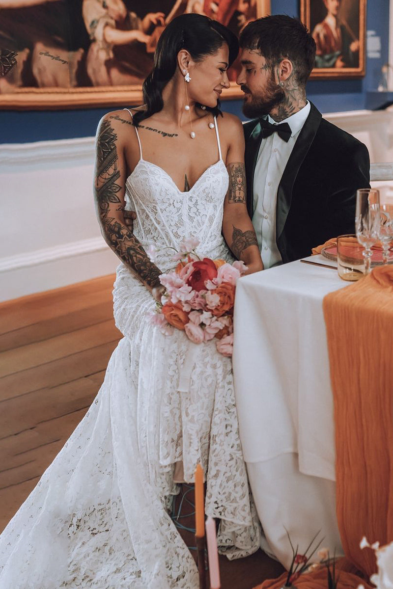 Spaghetti Straps Boho Mermaid Boning Wedding Dress – TANYA BRIDAL Spaghetti Straps Boho Mermaid Boning Wedding Dress – TANYA BRIDAL