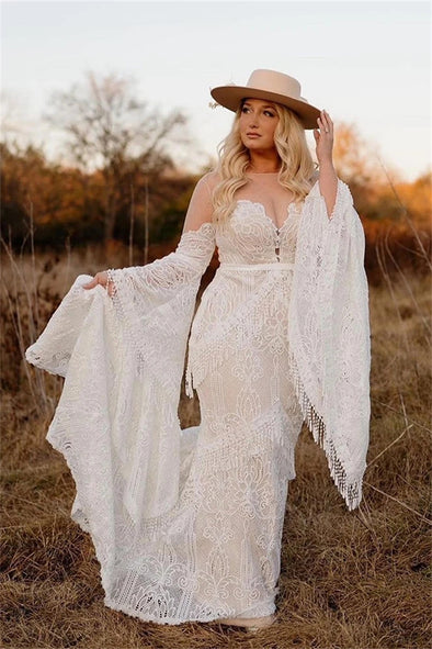 Backless Boho Geometric Lace Tassels Mermaid Wedding Dress