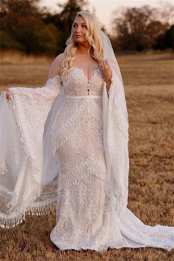 Backless Boho Geometric Lace Tassels Mermaid Wedding Dress