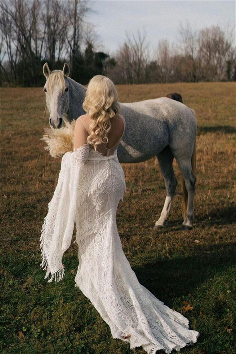 Backless Boho Geometric Lace Tassels Mermaid Wedding Dress TANYA BRIDAL Backless Boho Geometric Lace Tassels Mermaid Wedding Dress TANYA BRIDAL