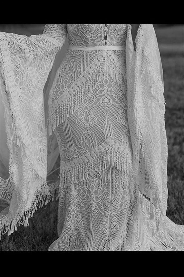 Backless Boho Geometric Lace Tassels Mermaid Wedding Dress