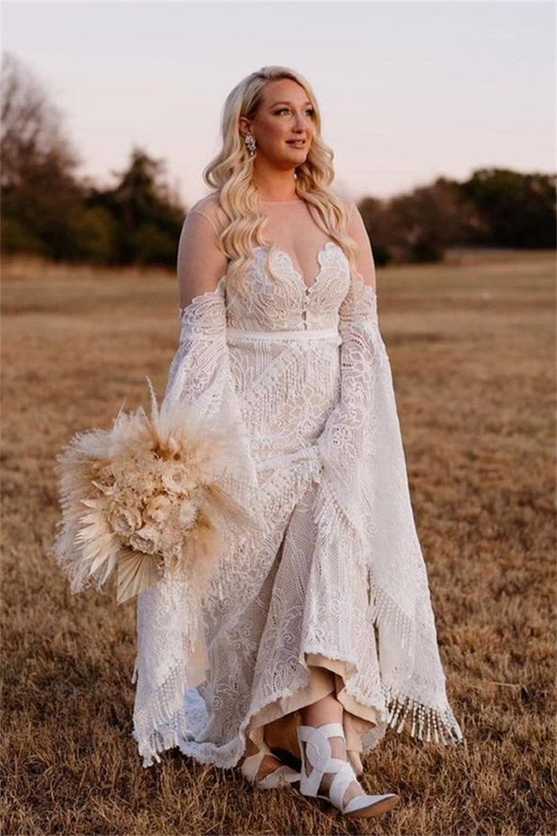 Lace Wedding Tassel Bottom Dress Backless Boho Geometric Lace Tassels Mermaid Wedding Dress TANYA Lace Wedding Tassel Bottom Dress Backless Boho Geometric Lace Tassels Mermaid Wedding Dress TANYA