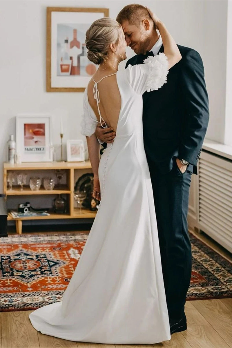 Simple Wedding Dress Short Sleeves with 3D Flowers TANYA BRIDAL Simple Wedding Dress Short Sleeves with 3D Flowers TANYA BRIDAL