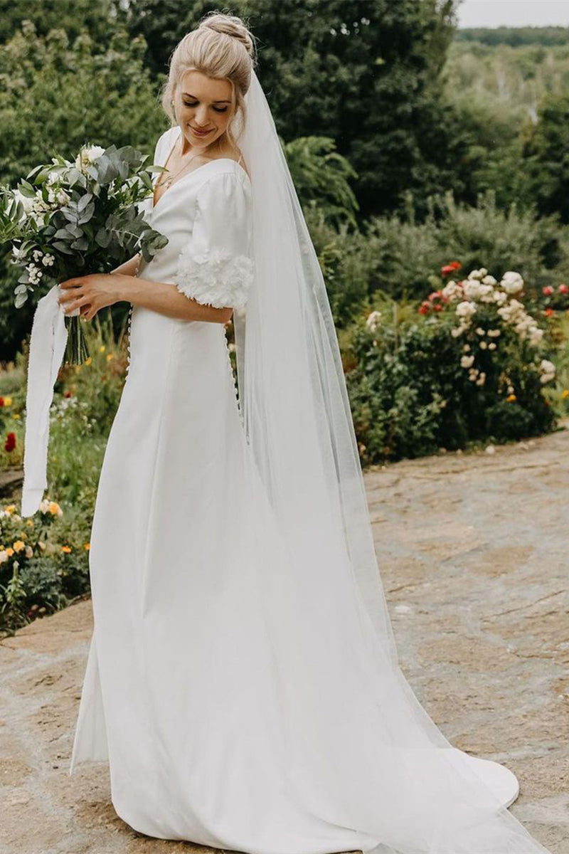Simple Wedding Dress Short Sleeves with 3D Flowers TANYA BRIDAL Simple Wedding Dress Short Sleeves with 3D Flowers TANYA BRIDAL