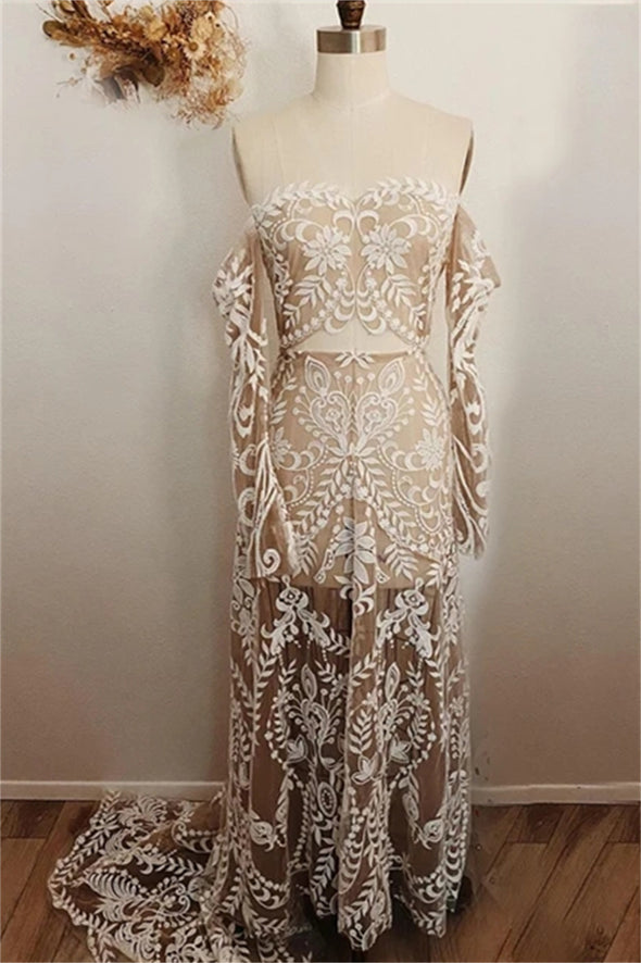 Mermaid Lace Bohemian Wedding Dress Long Flare Sleeves