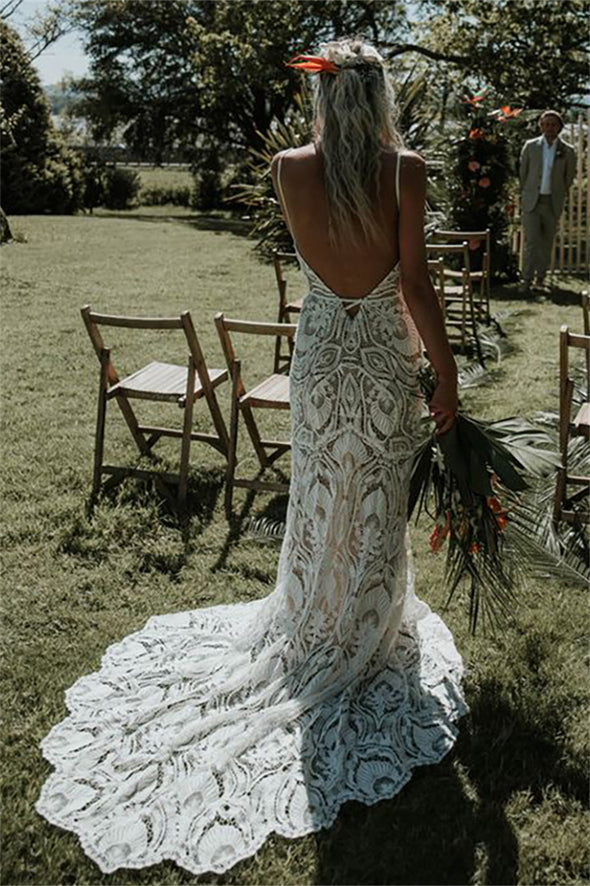 Long Cutouts Backless Romantic Barn Pastrol Boho Bridal Dress