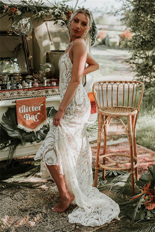 Long Cutouts Backless Romantic Barn Pastrol Boho Bridal Dress
