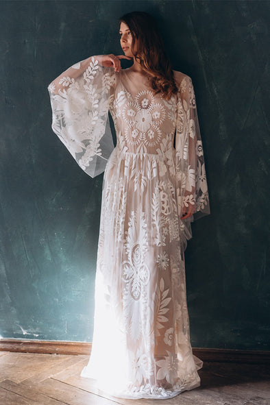 Two Pieces A Line Bohemian Lace Wedding Dress Nude Lining