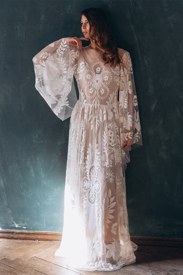 Two Pieces A Line Bohemian Lace Wedding Dress Nude Lining