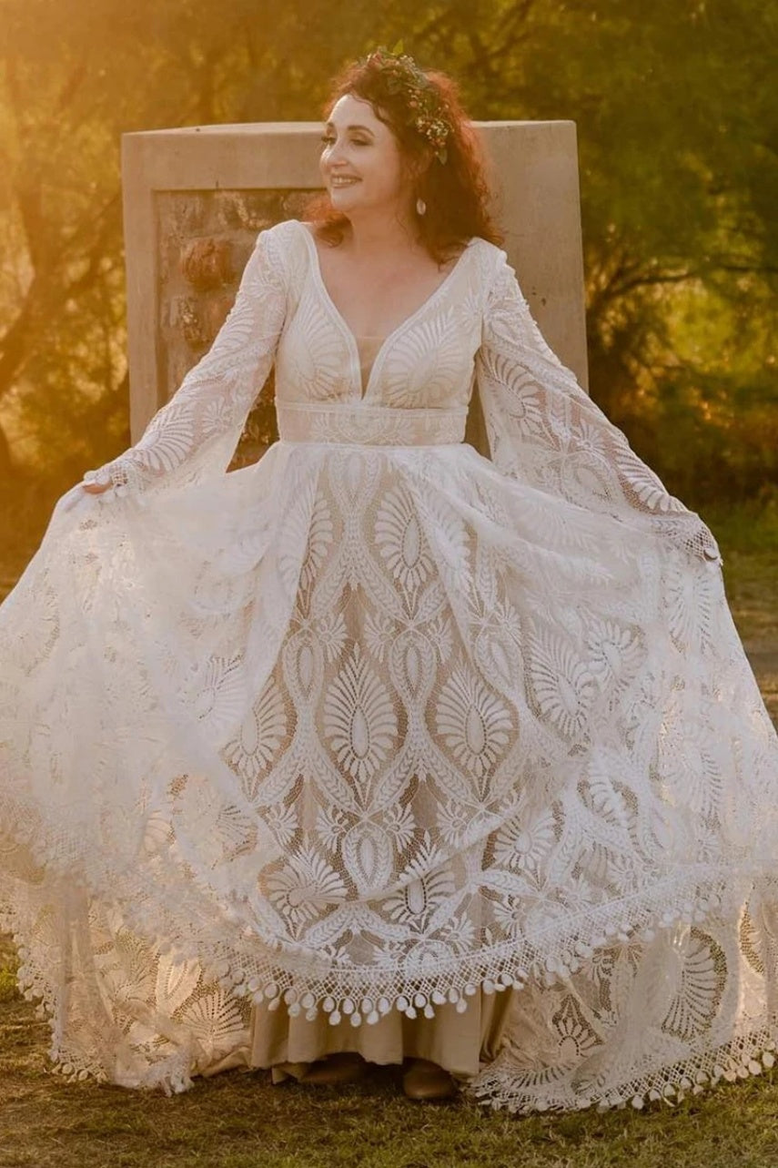 Plus Size Bohemian Long Lace Wedding Dress TANYA BRIDAL Plus Size Bohemian Long Lace Wedding Dress TANYA BRIDAL
