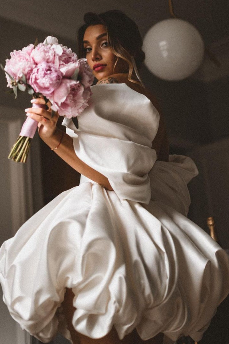 Outdoor Short Wedding Dress Off Shoulder Drape – TANYA BRIDAL Outdoor Short Wedding Dress Off Shoulder Drape – TANYA BRIDAL