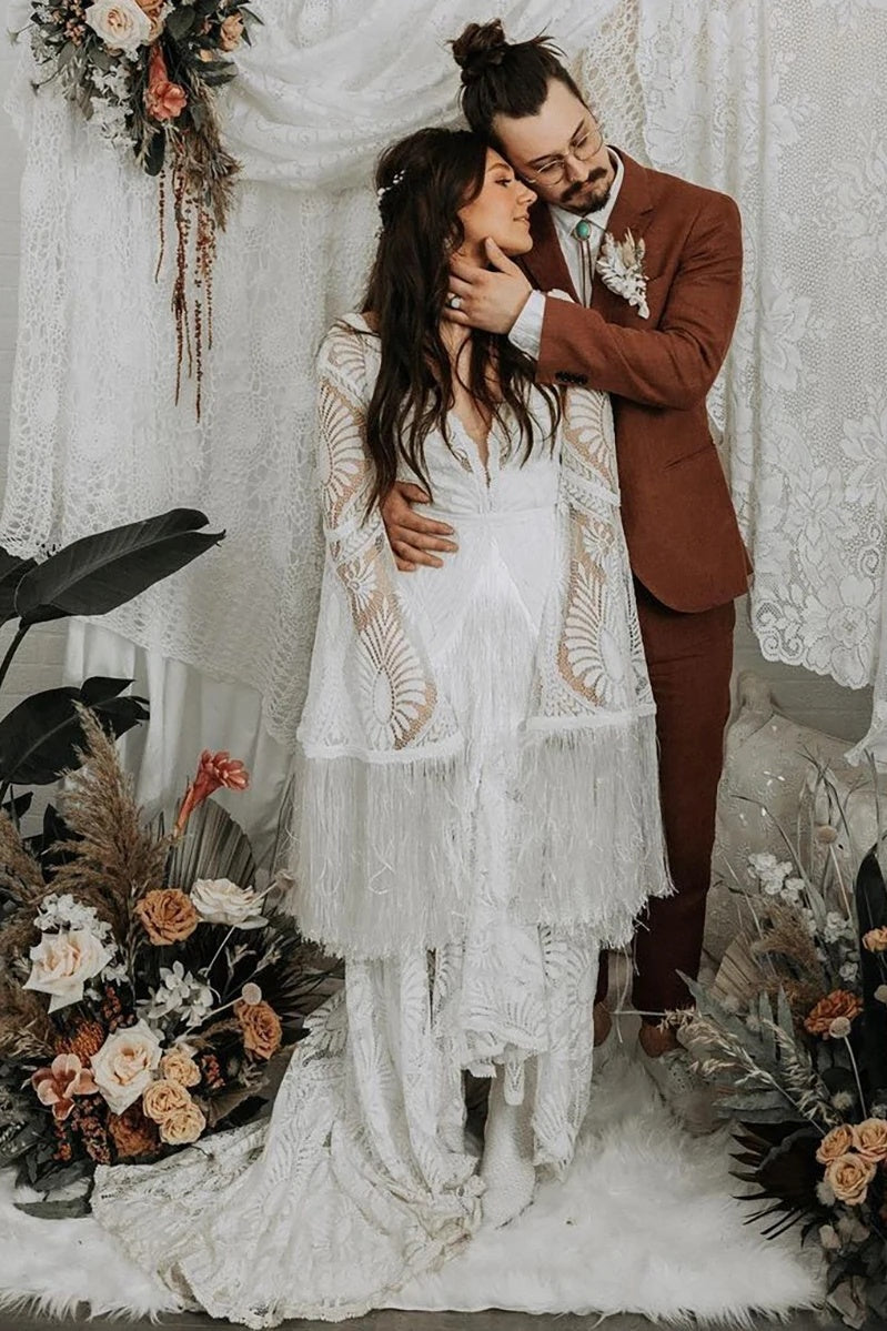 bell sleeve boho wedding dress Marie Stretch Bell Sleeves Wedding Dress