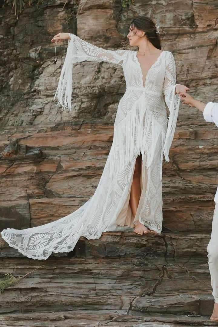 Long Bell Sleeve Boho Kaftan Bridal Gown With Tassels TANYA BRIDAL Long Bell Sleeve Boho Kaftan Bridal Gown With Tassels TANYA BRIDAL