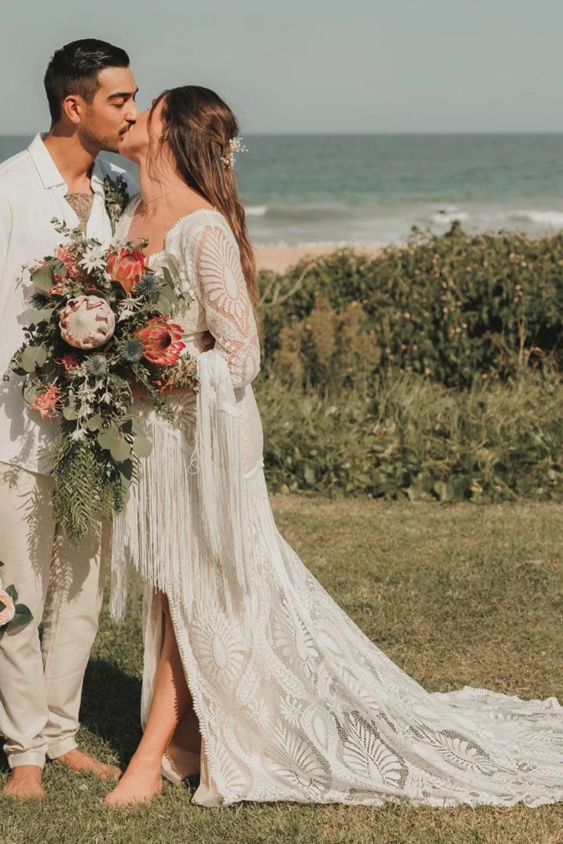 Long Bell Sleeve Boho Kaftan Bridal Gown With Tassels Long Bell Sleeve Boho Kaftan Bridal Gown With Tassels