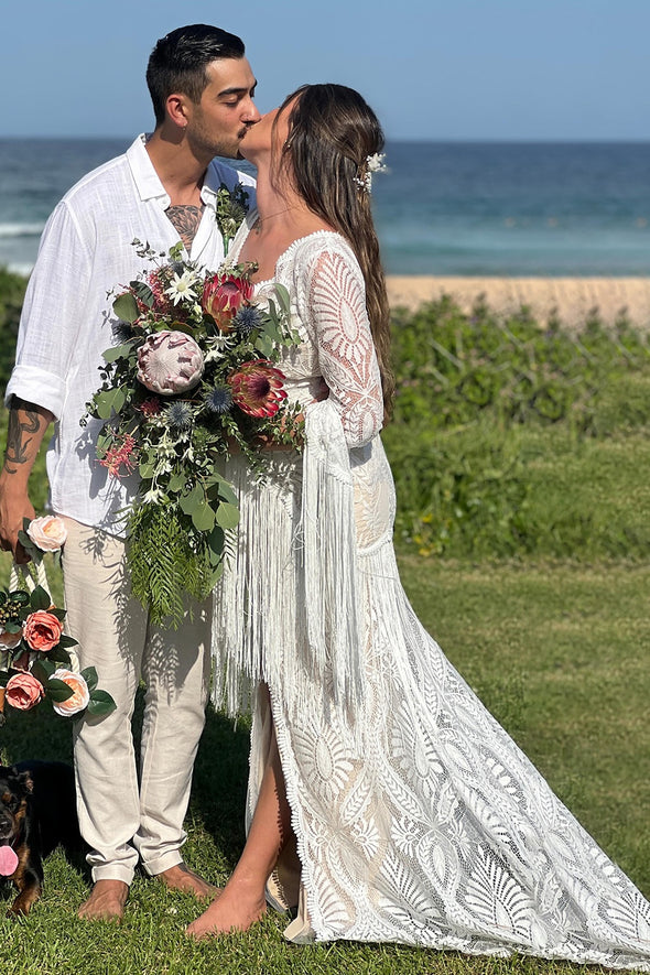 Long Bell Sleeve Boho Kaftan Bridal Gown With Tassels