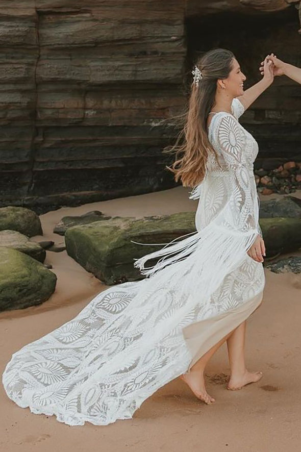 Long Bell Sleeve Boho Kaftan Bridal Gown With Tassels