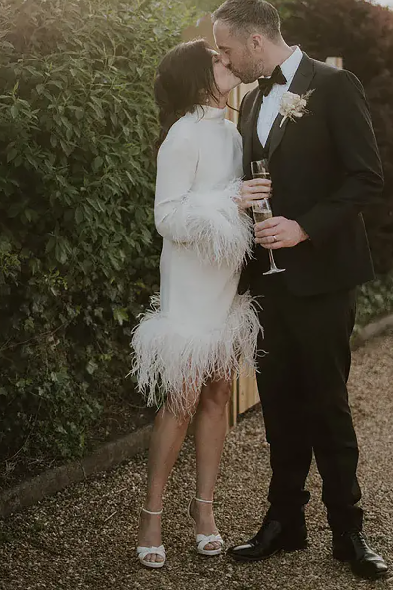 bridal dress with feathers Long Sleeves Feathers Cuff Wedding Dress Short Length – TANYA BRIDAL