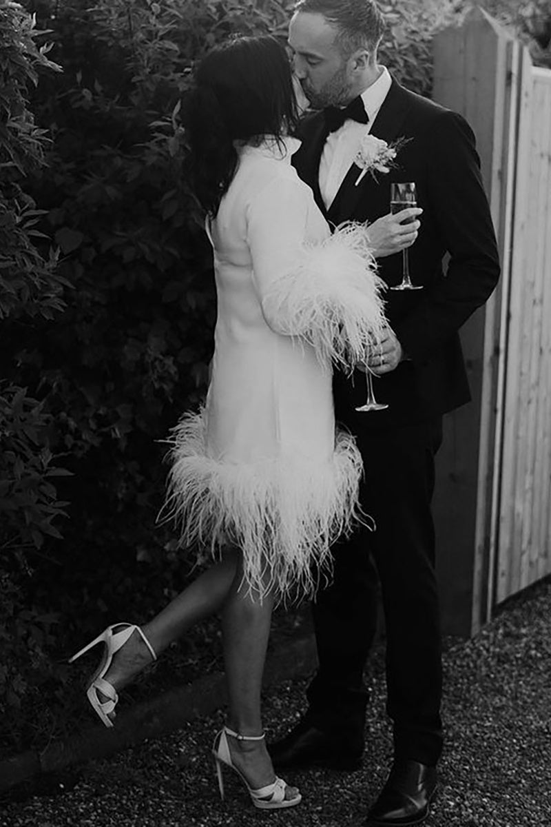 Long Sleeves Feathers Cuff Wedding Dress Short Length TANYA BRIDAL Long Sleeves Feathers Cuff Wedding Dress Short Length TANYA BRIDAL