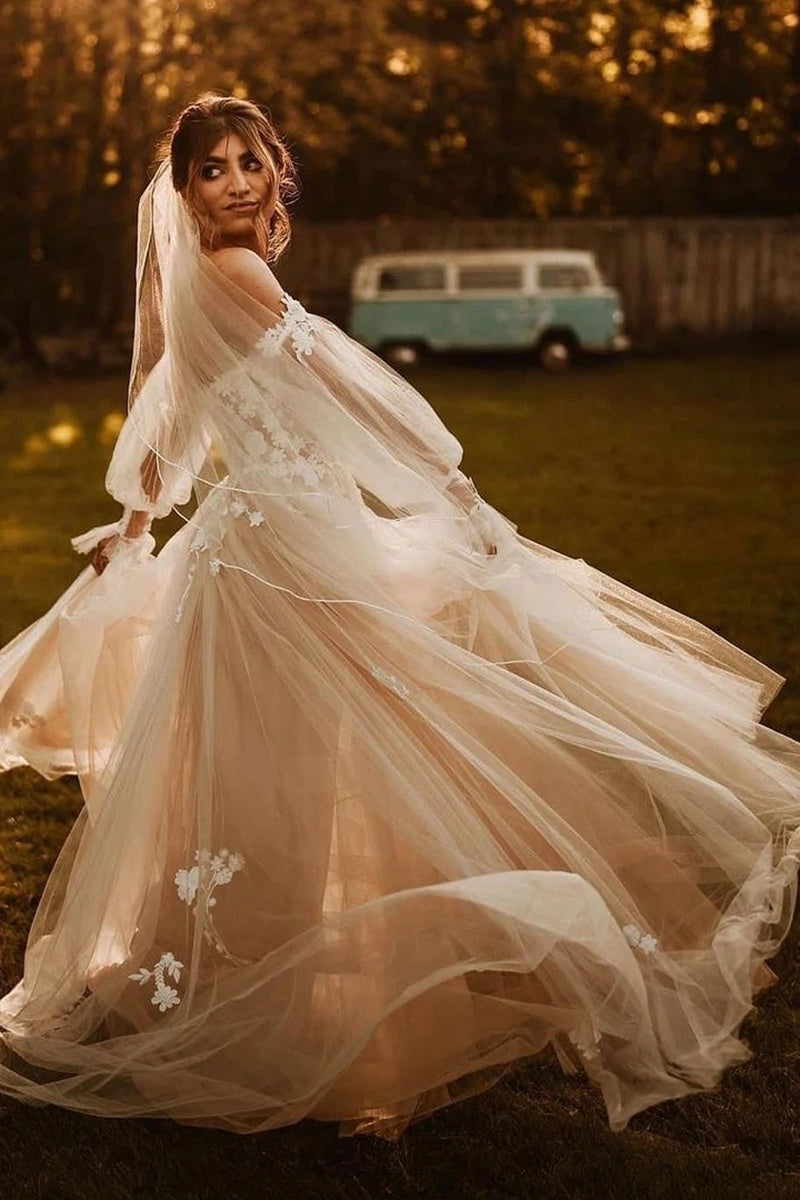 Floral Lace Appliques Mesh Tulle Wedding Gown TANYA BRIDAL Floral Lace Appliques Mesh Tulle Wedding Gown TANYA BRIDAL