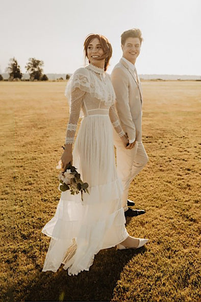 Bohemian Tulle Lace A Line Full Sleeves Wedding Dress – TANYA BRIDAL