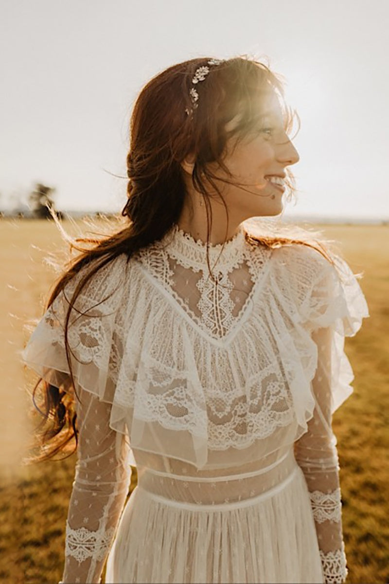Bohemian Tulle Lace A Line Full Sleeves Wedding Dress TANYA BRIDAL Bohemian Tulle Lace A Line Full Sleeves Wedding Dress TANYA BRIDAL