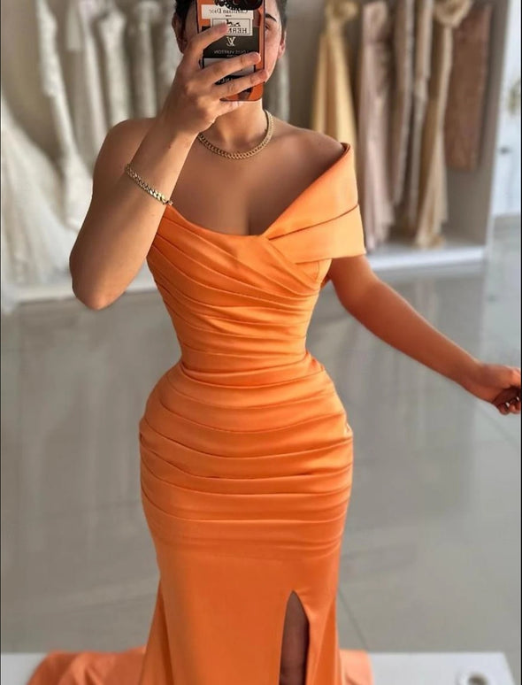 Satin Ruched Long Mermaid Evening Prom Dress With Slit