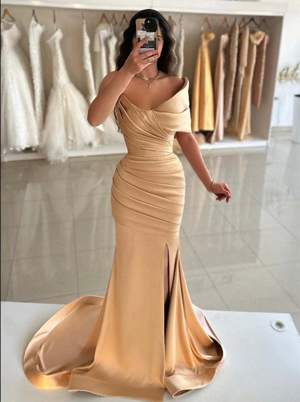 Satin Ruched Long Mermaid Evening Prom Dress With Slit TANYA BRIDAL Satin Ruched Long Mermaid Evening Prom Dress With Slit TANYA BRIDAL