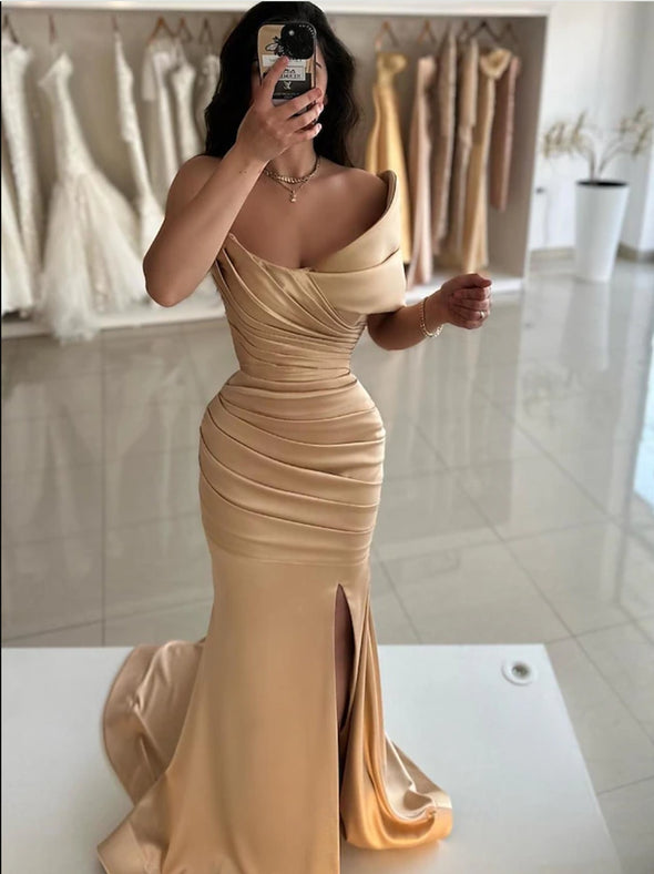 Satin Ruched Long Mermaid Evening Prom Dress With Slit