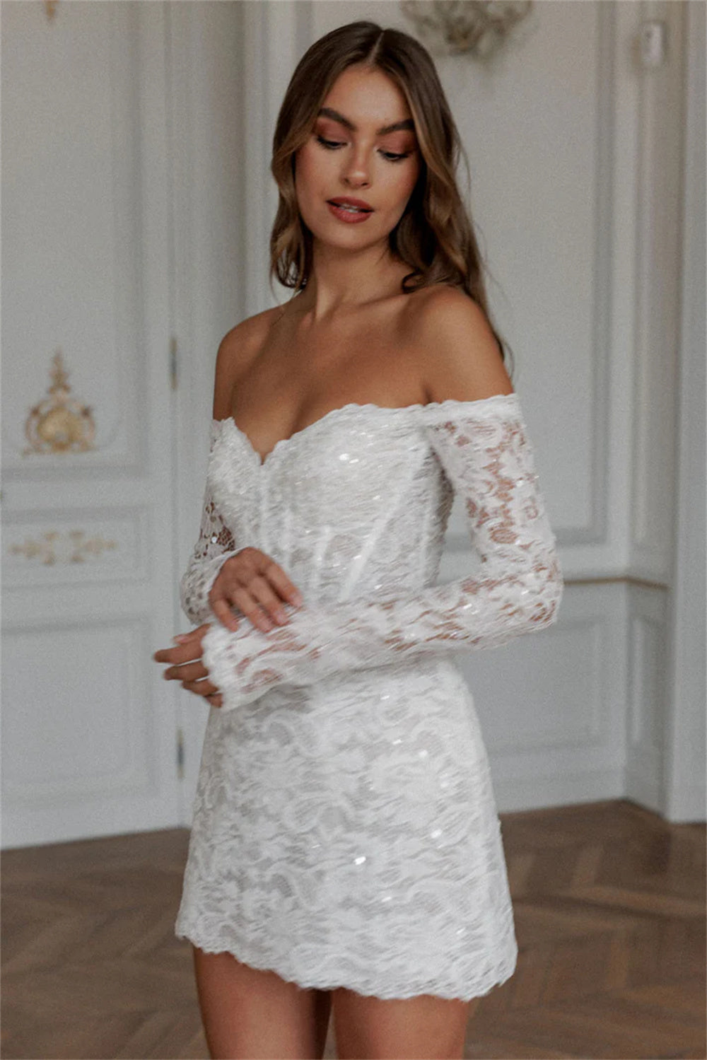 Sexy Off The Shoulder Long Sleeves Full Lace Mini Wedding Dresses TANYA BRIDAL Sexy Off The Shoulder Long Sleeves Full Lace Mini Wedding Dresses TANYA BRIDAL