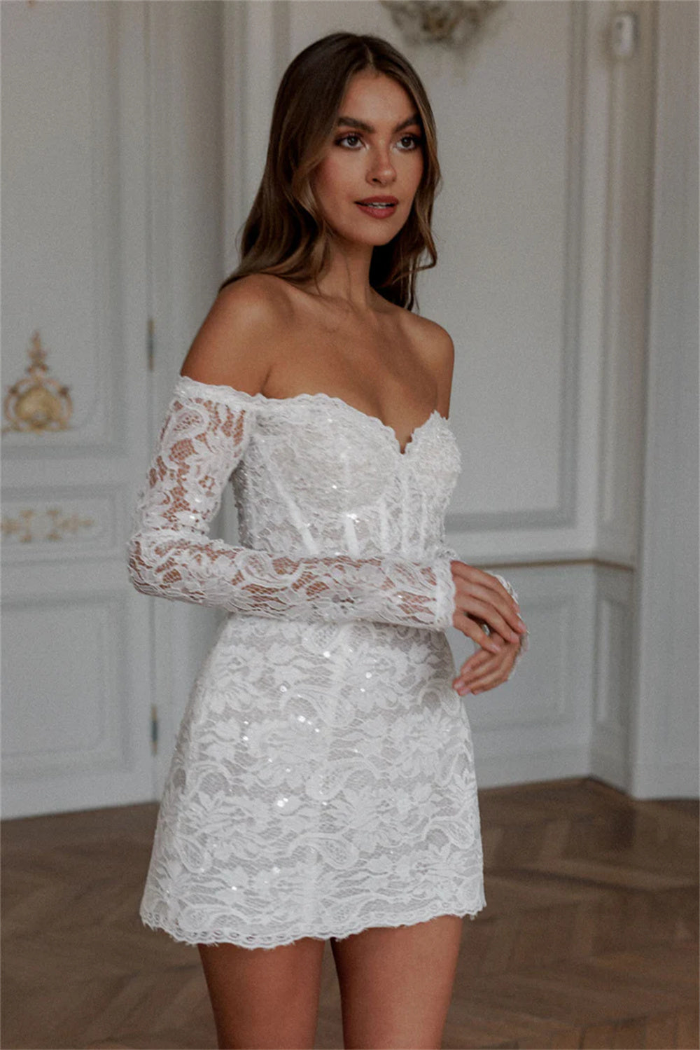 Sexy Off The Shoulder Long Sleeves Full Lace Mini Wedding Dresses TANYA BRIDAL Sexy Off The Shoulder Long Sleeves Full Lace Mini Wedding Dresses TANYA BRIDAL