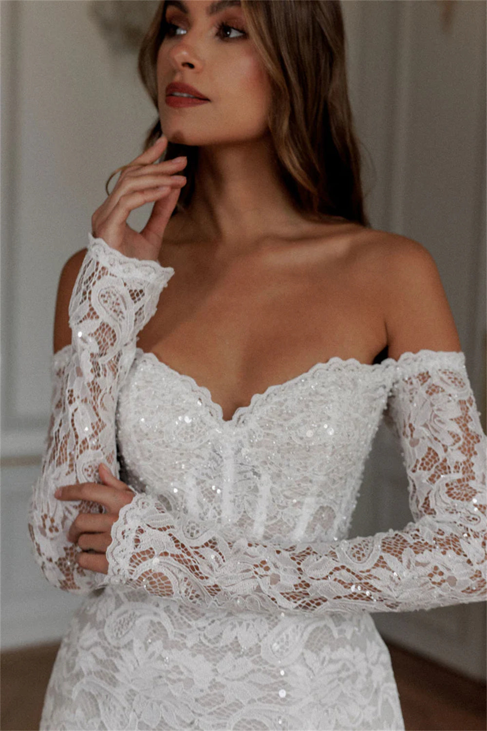 Sexy Off The Shoulder Long Sleeves Full Lace Mini Wedding Dresses TANYA BRIDAL Sexy Off The Shoulder Long Sleeves Full Lace Mini Wedding Dresses TANYA BRIDAL