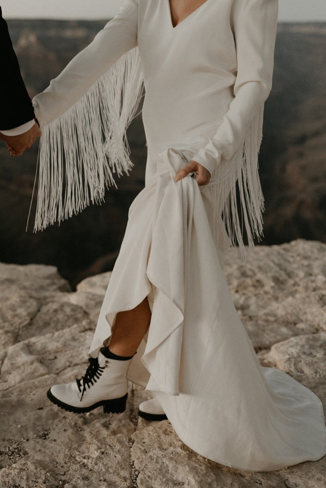 Matte Crepe Long Sleeves Fringed Wedding Dress With Tassels Matte Crepe Long Sleeves Fringed Wedding Dress With Tassels