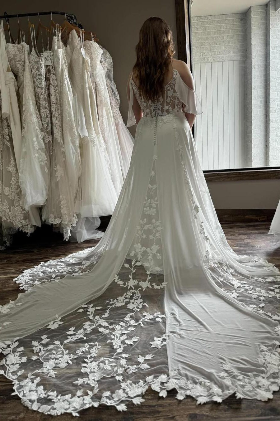 Appliques Sheer Top Panels High Slit Chiffon Beading Bridal Gowns TANYA BRIDAL Appliques Sheer Top Panels High Slit Chiffon Beading Bridal Gowns TANYA BRIDAL