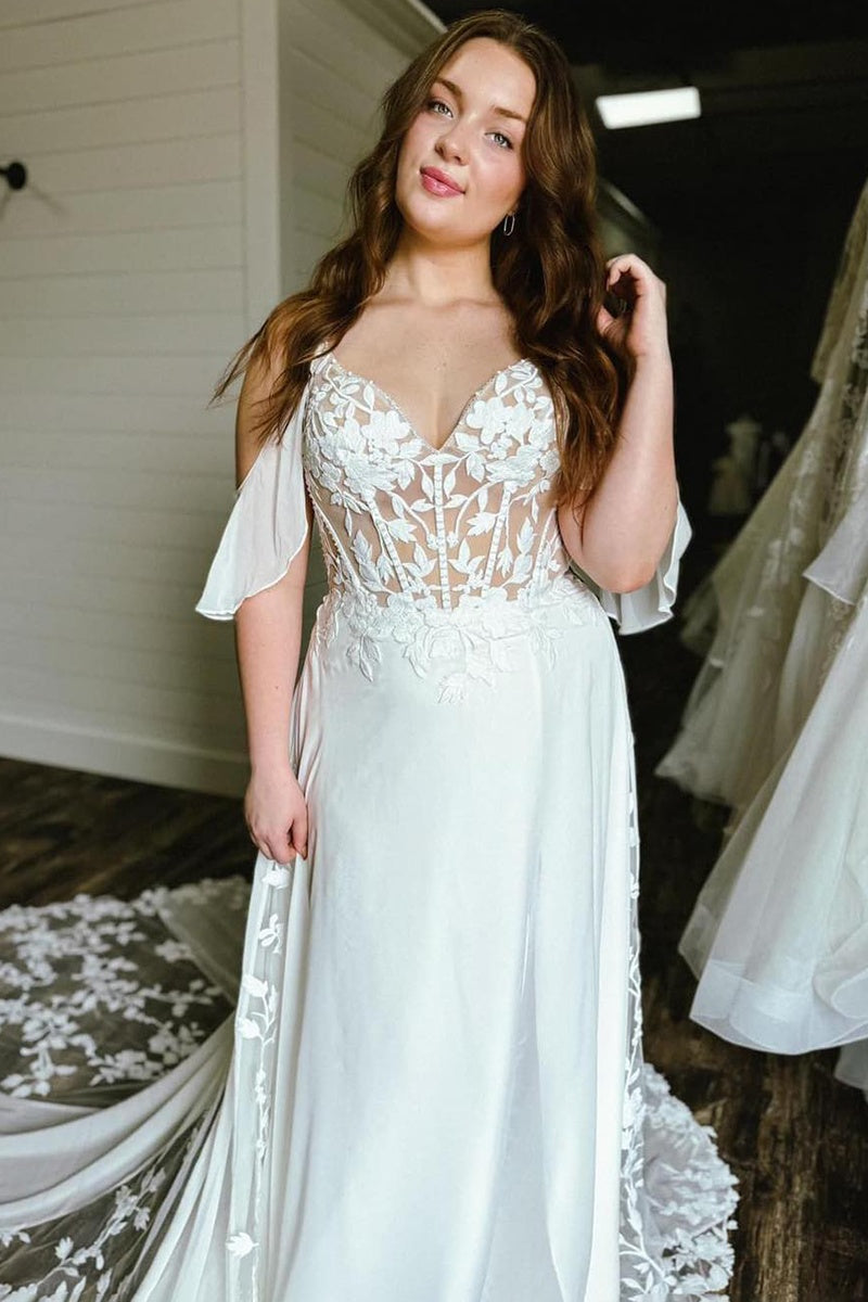 sheer top wedding dress Appliques Sheer Top Panels High Slit Chiffon Beading Bridal Gowns – TANYA BRIDAL