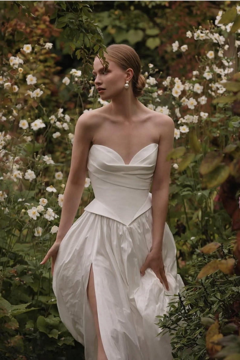 A Line Taffeta Ivory Long Wedding Gown With Slit TANYA BRIDAL A Line Taffeta Ivory Long Wedding Gown With Slit TANYA BRIDAL