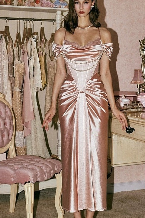 Champagne Pink Satin Formal Dresses With Pearls TANYA BRIDAL Champagne Pink Satin Formal Dresses With Pearls TANYA BRIDAL