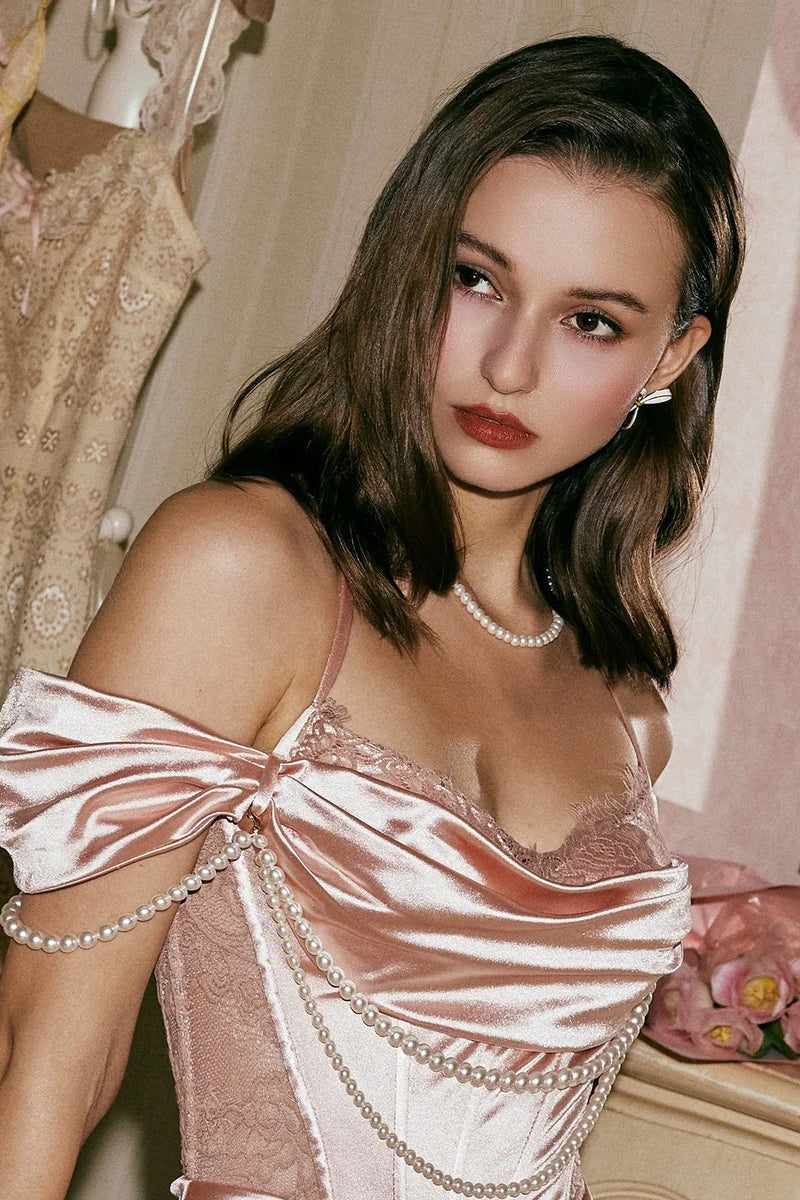 champagne pink satin dress KissProm