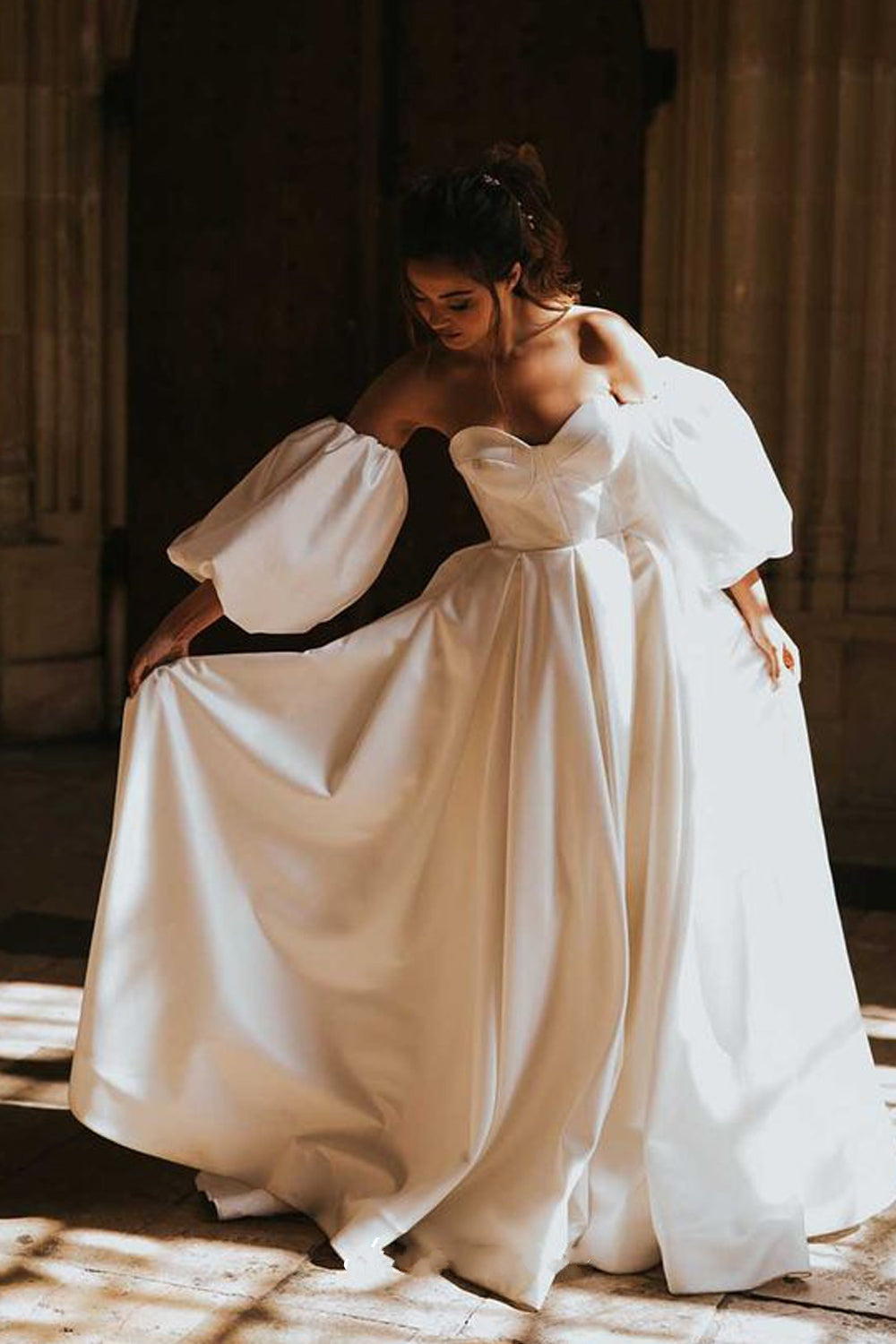 Ivory Satin Long Wedding Dress With Detachable Sleeves TANYA BRIDAL Ivory Satin Long Wedding Dress With Detachable Sleeves TANYA BRIDAL