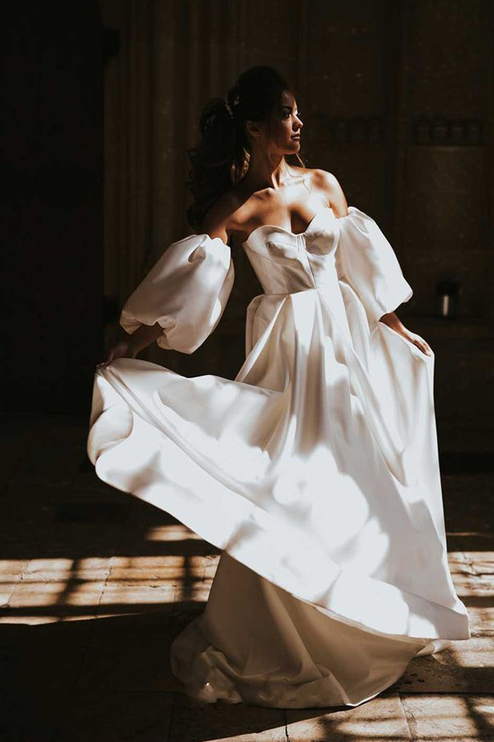 ivory satin dress with sleeves Sweetheart Ivory Satin Mullet Wedding Dress with Balloon Sleeve