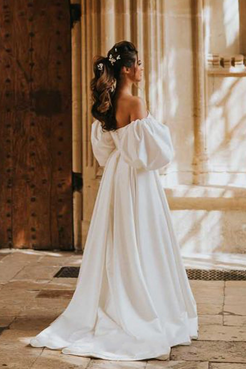 Ivory Satin Long Wedding Dress With Detachable Sleeves TANYA BRIDAL Ivory Satin Long Wedding Dress With Detachable Sleeves TANYA BRIDAL
