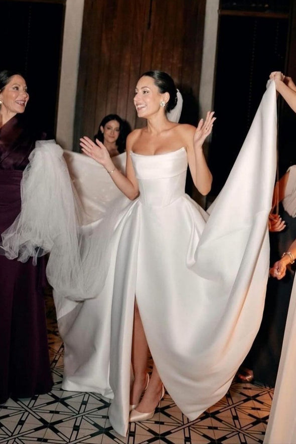 Strapless Satin A Line Wedding Dress With Side Split