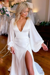 Simple Deep V Wedding Dress With Long Lantern Sleeves