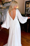 Simple Deep V Wedding Dress With Long Lantern Sleeves