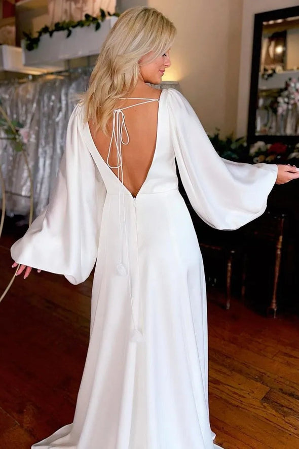 Simple Deep V Wedding Dress With Long Lantern Sleeves
