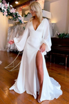 Simple Deep V Wedding Dress With Long Lantern Sleeves