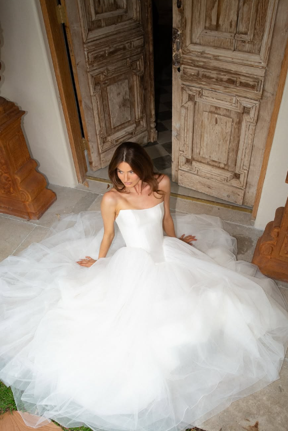 A Line Satin Tulle Wedding Dress Strapless